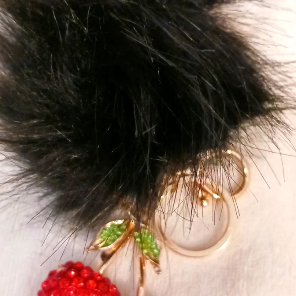 Crystal Cherries Bag Charm Key Chain Red w Black Faux Mink‎ Black Pom